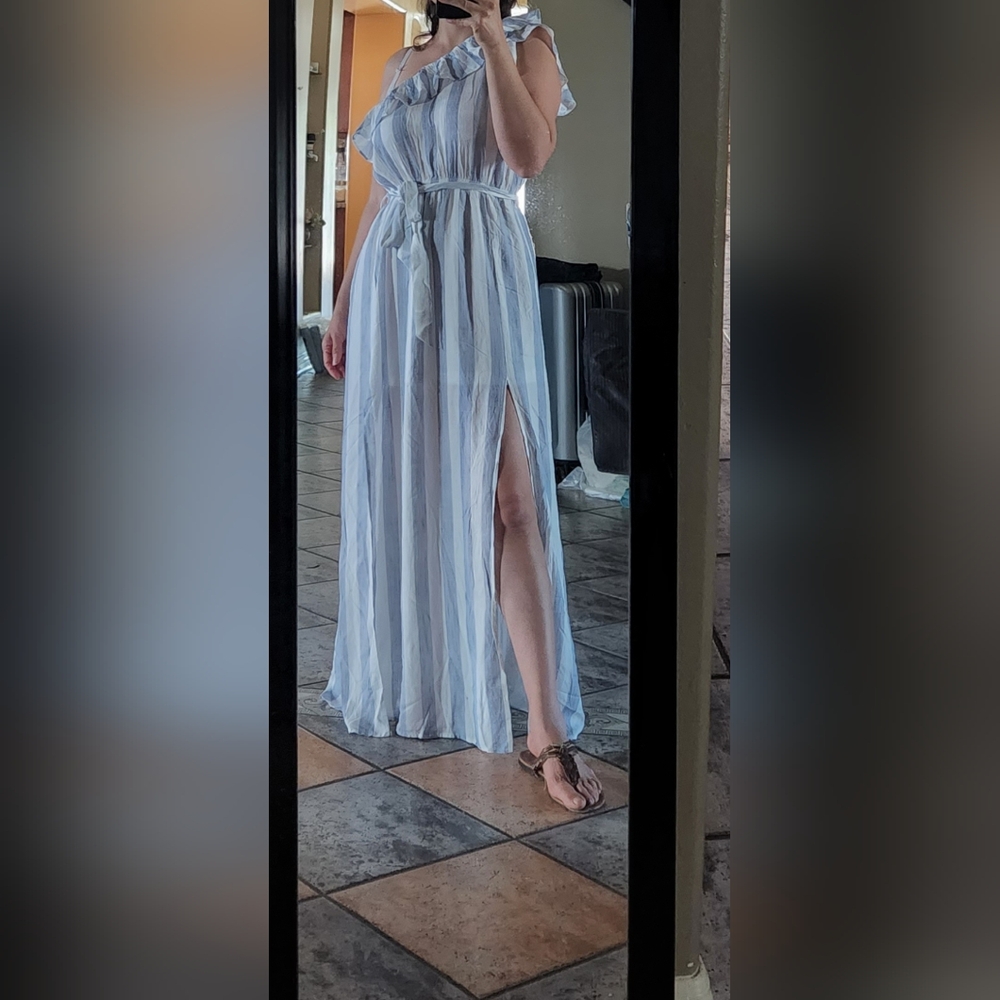 Striped maxi dress, size M, Light blue and white